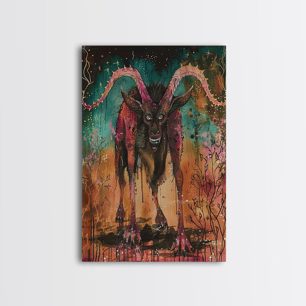 Spooky Goat Demon in the Woods Framed Canvas Print, Halloween Art, Creepy Wall Art Spooky Home Decor, Scary Art Mysterious Living Room Decor | | Wiccan Center
