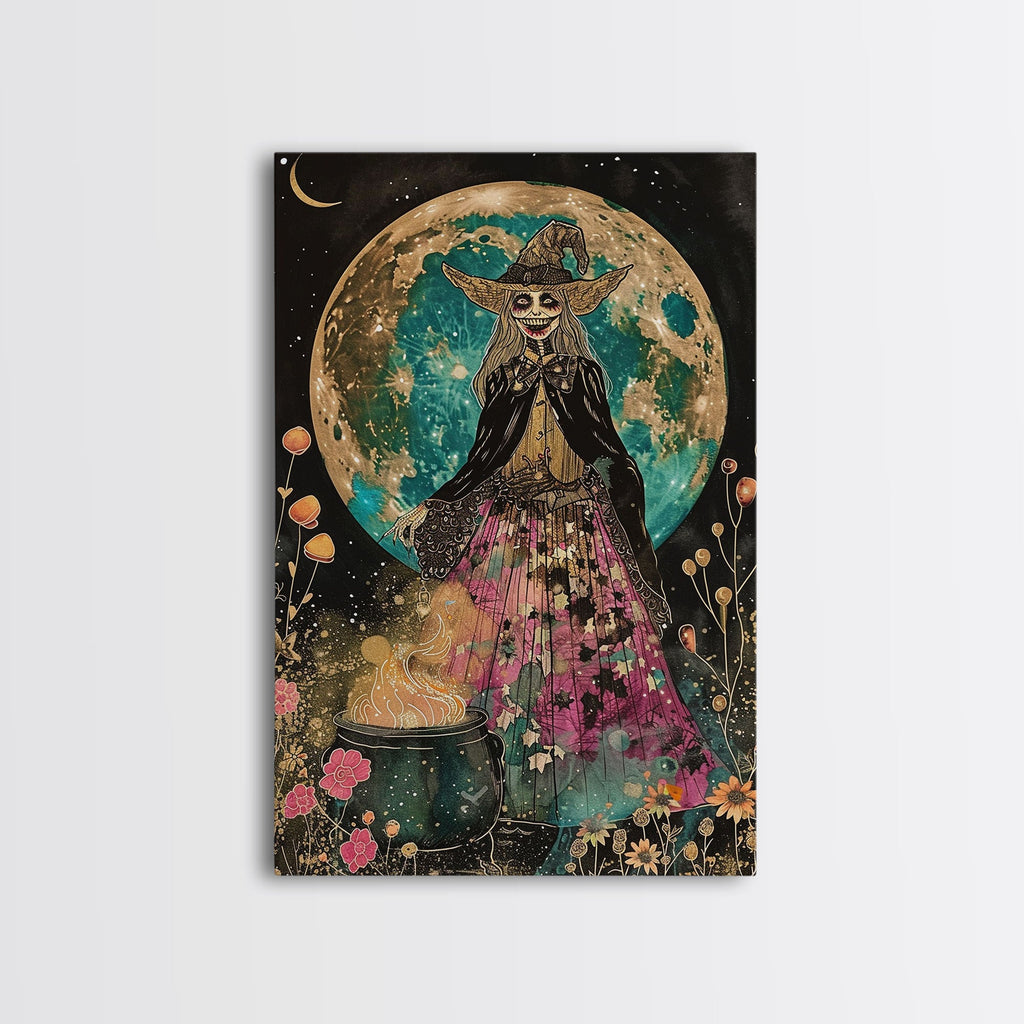 Spooky Witch with Cauldron Under Full Moon Framed Canvas Print | Halloween Witch Art | Witch Decor for Home | Magical Halloween Artwork | | Wiccan Center