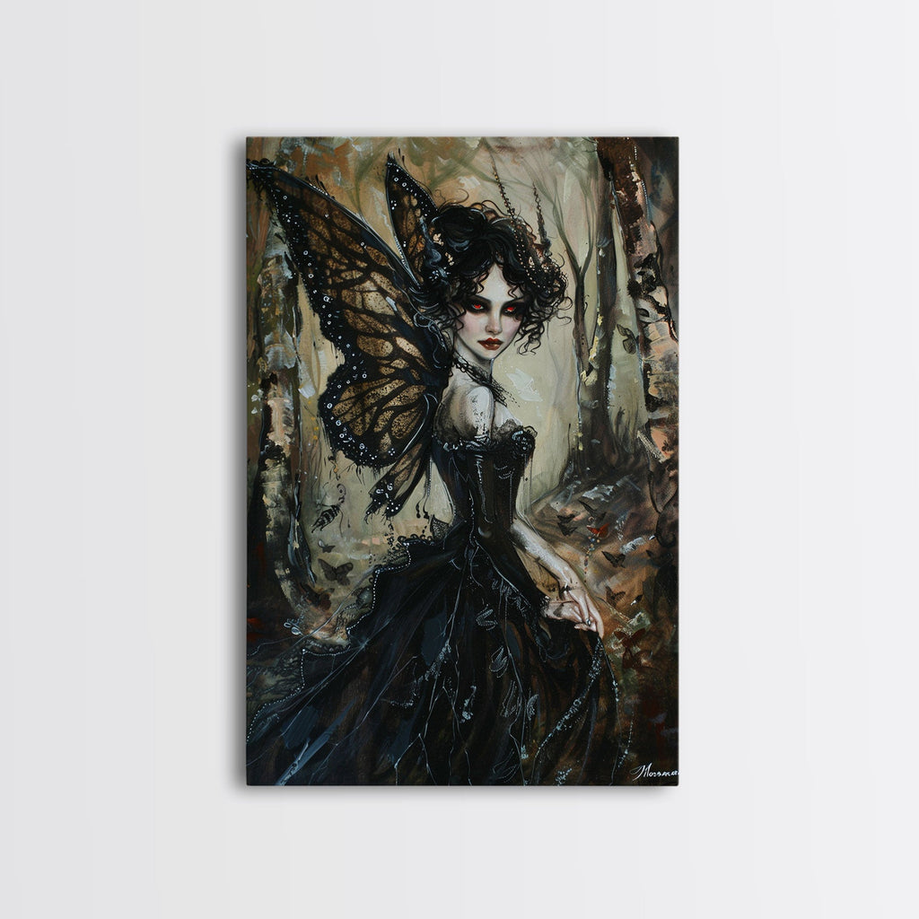 Dark Gothic Fairy with Butterfly Wings| Halloween Wall Art | Spooky Home Decor | Creepy Gothic Fairy Painting | Framed Canvas Print | | Wiccan Center
