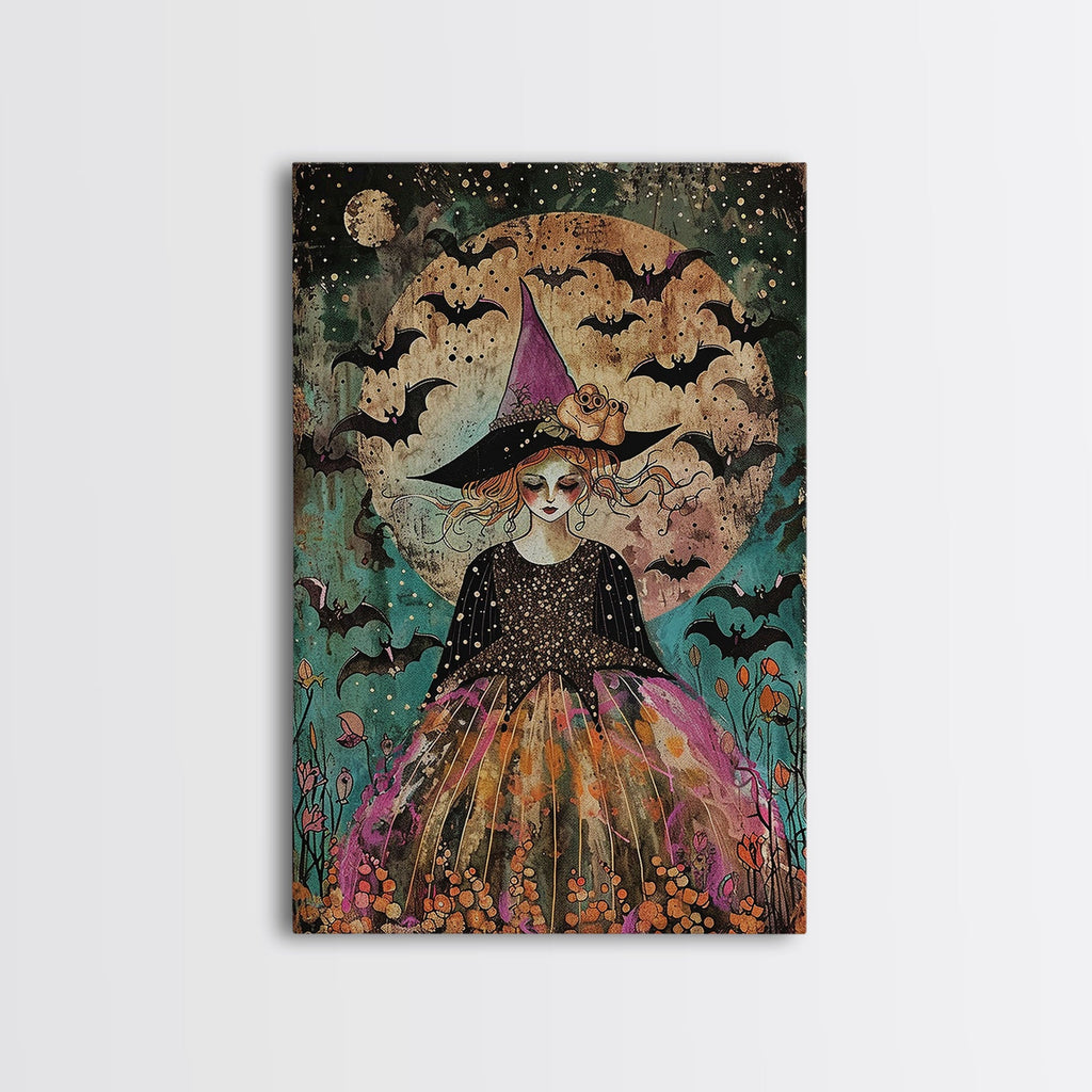 Whimsical Witch with Bats Under Full Moon, Framed Canvas Print, Spooky Halloween Art, Witch Decor, Magical Night, Enchanted Home Decor | | Wiccan Center