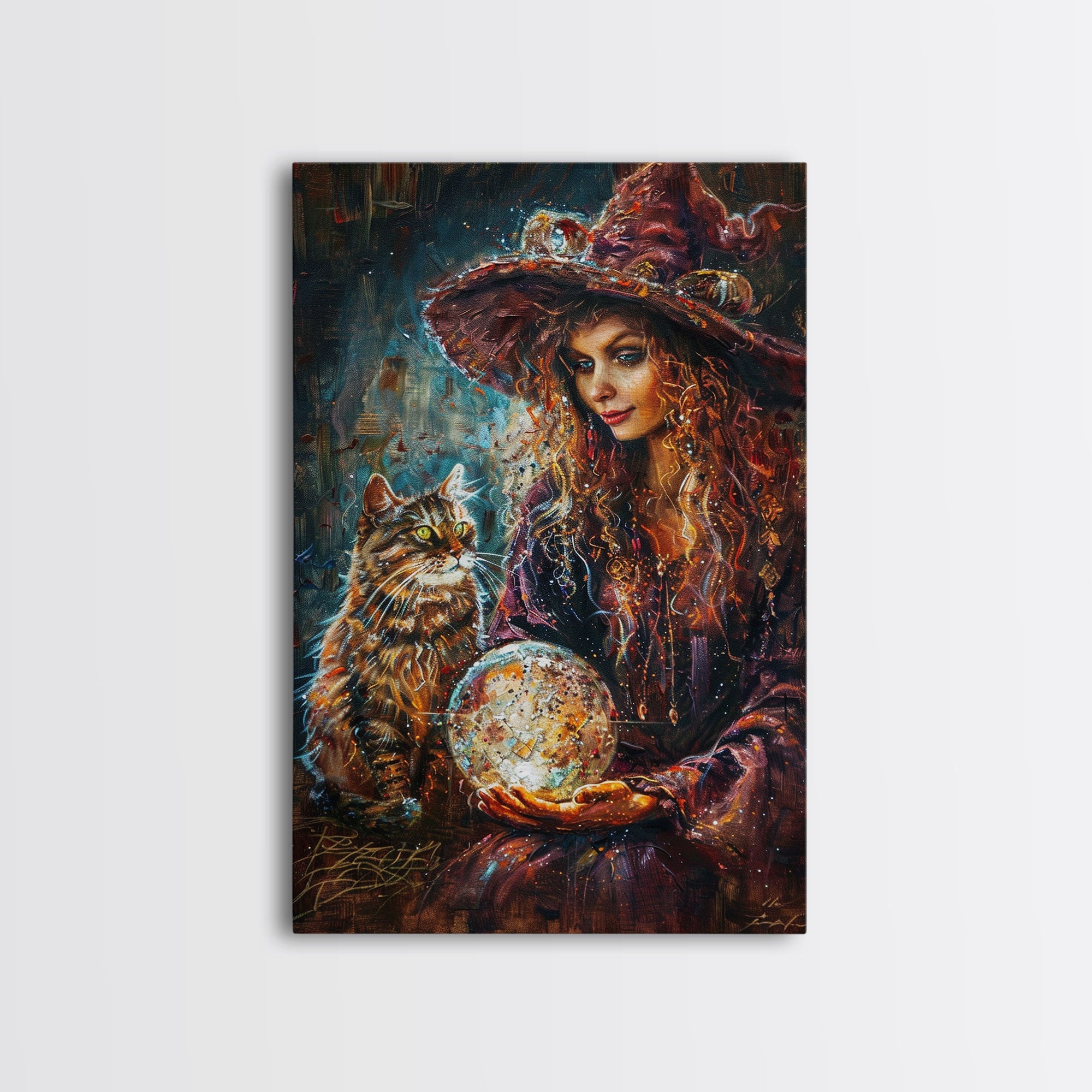 Enchanting Witch with Crystal Ball, Framed Canvas Print, Mystical Halloween Art, Spooky Witch Decor, Witchcraft Illustration, Magical Decor | | Wiccan Center