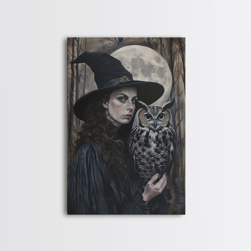 Witch with Wise Owl Under Full Moon, Framed Canvas Print, Mystical Witchcraft Art, Witch and Owl, Spooky Home Decor, Halloween Wall Art | | Wiccan Center