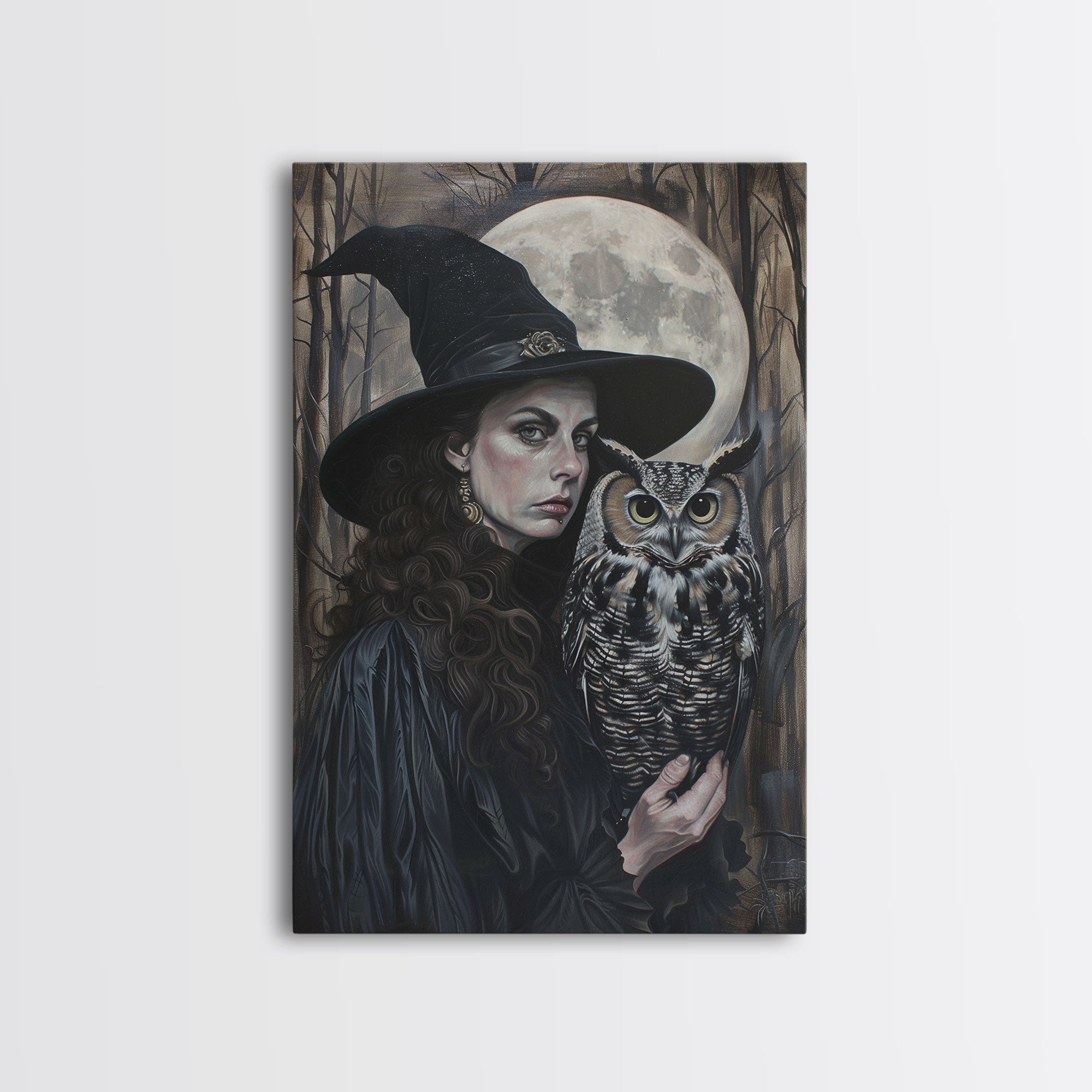 Witch with Wise Owl Under Full Moon, Framed Canvas Print, Mystical Witchcraft Art, Witch and Owl, Spooky Home Decor, Halloween Wall Art | | Wiccan Center
