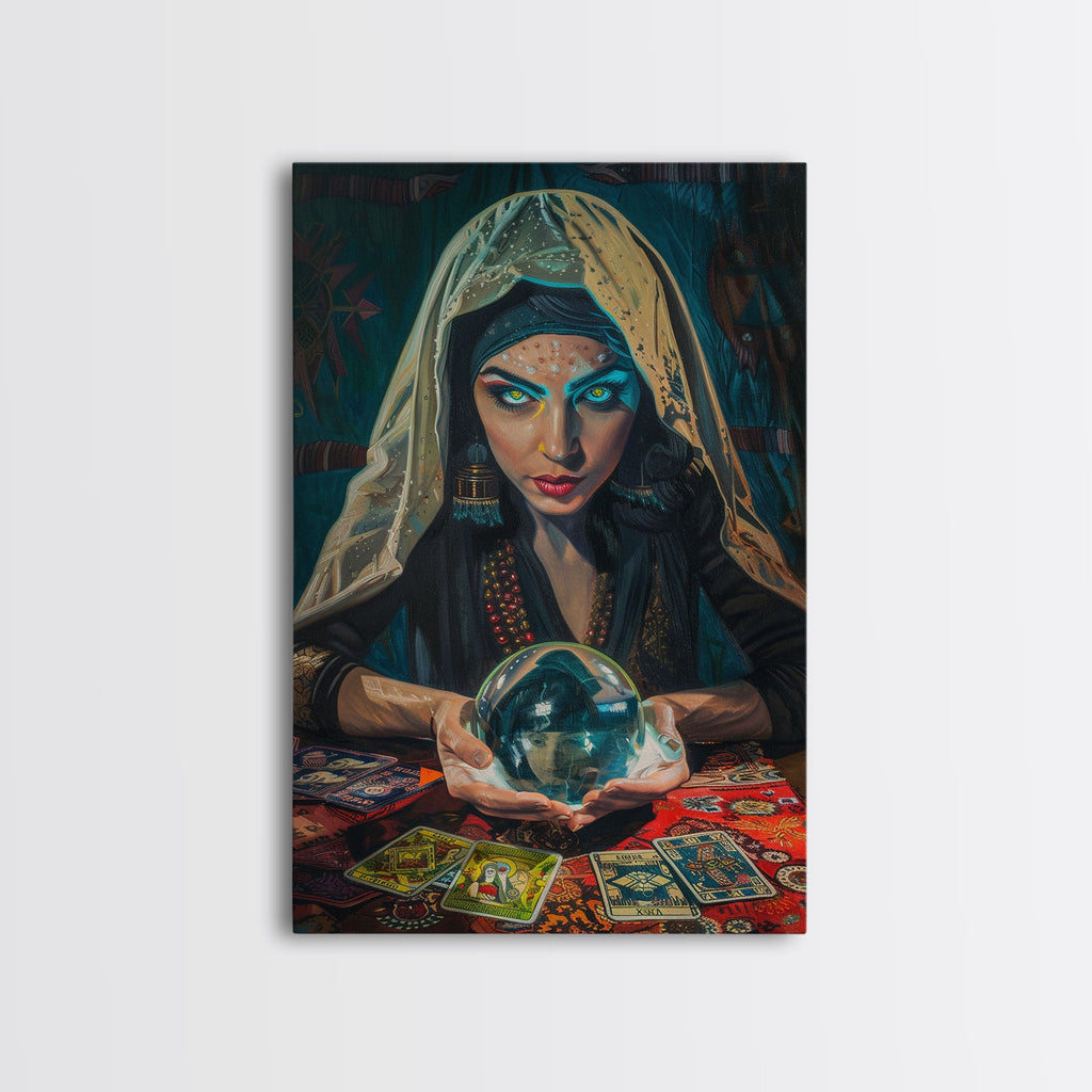 Enchanting Fortune Teller with Crystal Ball Under Moonlight - Mystical Witchcraft Framed Canvas Print, Halloween Gothic Home Decor | | Wiccan Center