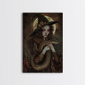 Witch Holding Snake under Full Moon - Dark Forest Sorcery Gothic Art Framed Canvas Print, Halloween Witchy Decor