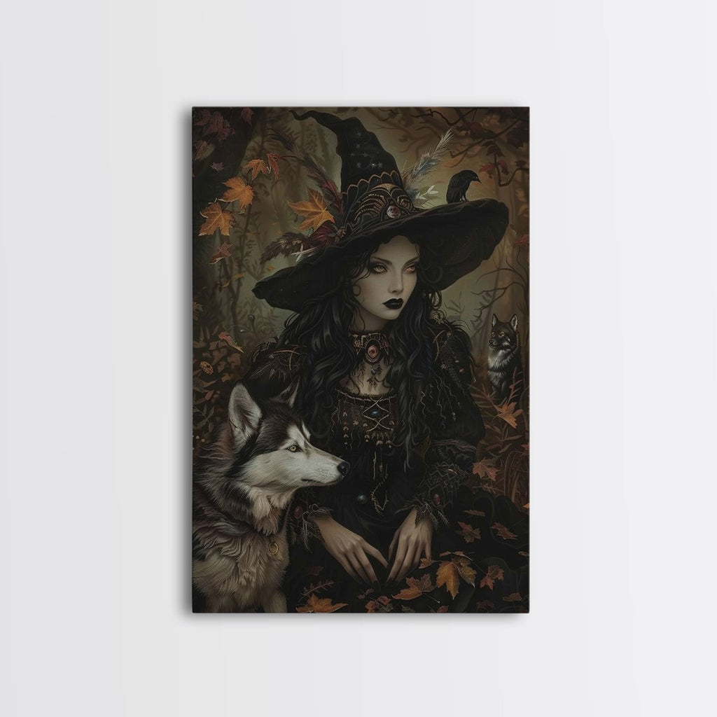 Witch with Wolves in Enchanted Forest - Dark Sorcery Mystical Art Framed Canvas Print, Halloween Gothic Decor | | Wiccan Center