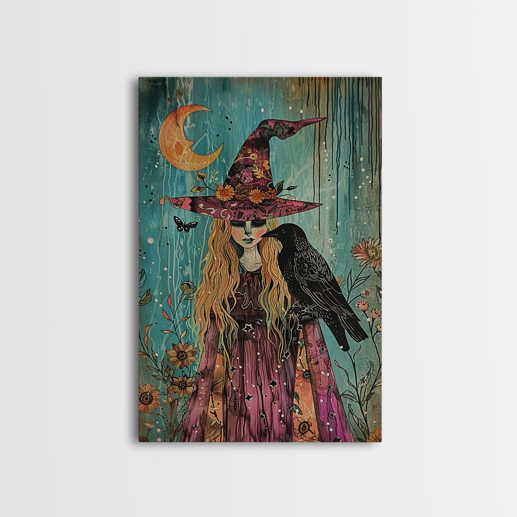 Witch with Owl in Magical Forest - Halloween Art, Gothic Art, Spooky Decor, Dark Magic Art, Enchanted Woods, Framed Canvas Print | | Wiccan Center
