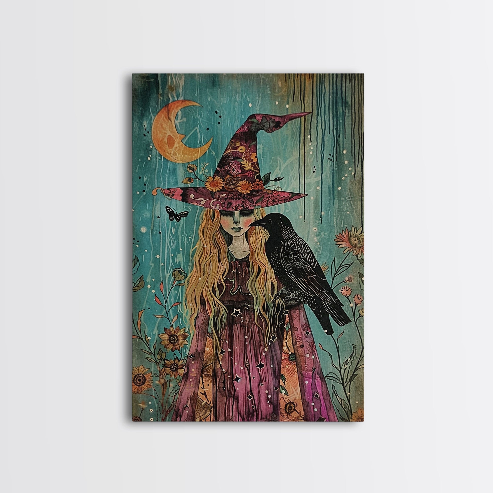 Witch with Owl in Magical Forest - Halloween Art, Gothic Art, Spooky Decor, Dark Magic Art, Enchanted Woods, Framed Canvas Print | | Wiccan Center