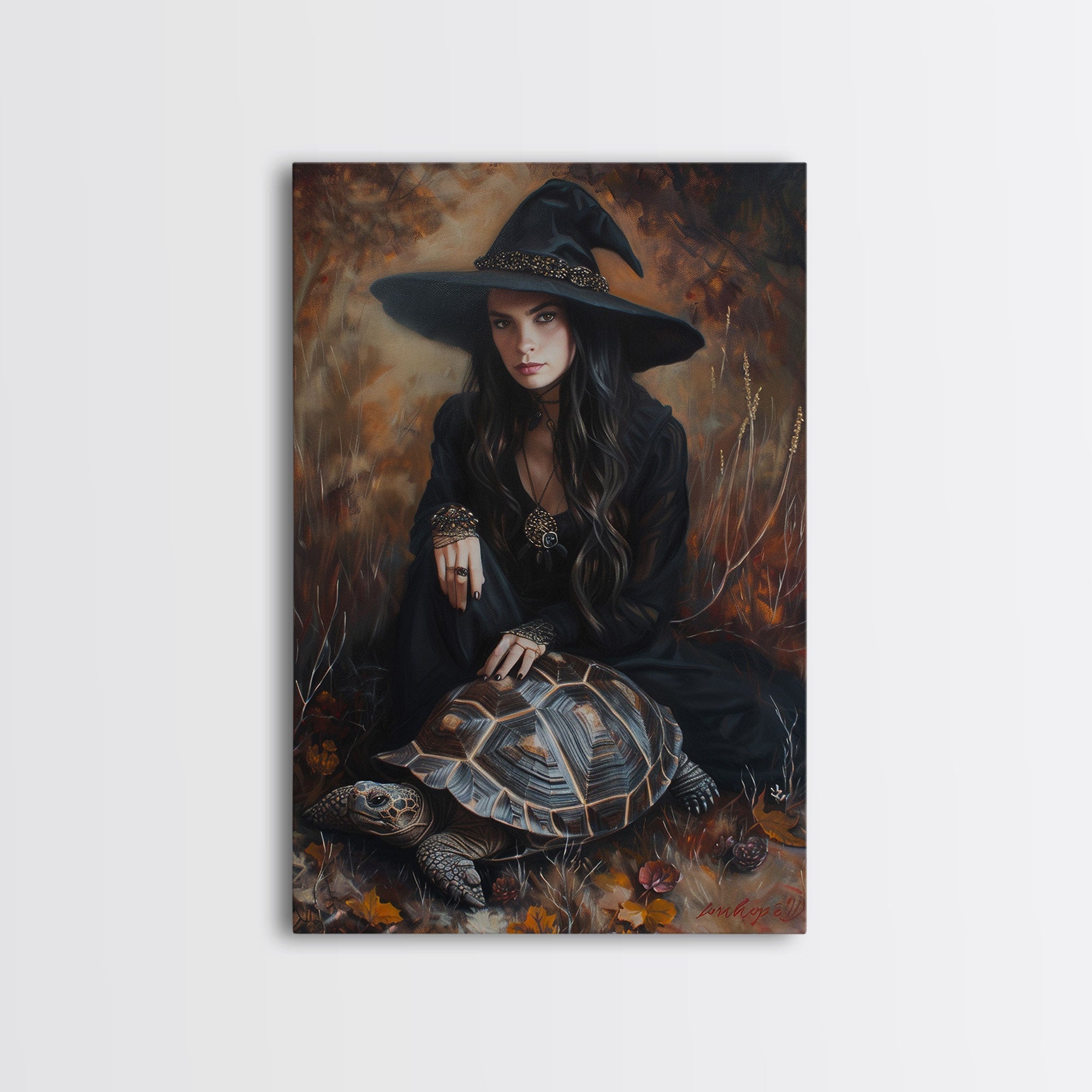Witch with Mystical Elements - Halloween Art, Gothic Art, Spooky Decor, Dark Magic Art, Bewitching Portrait, Framed Canvas Print | | Wiccan Center