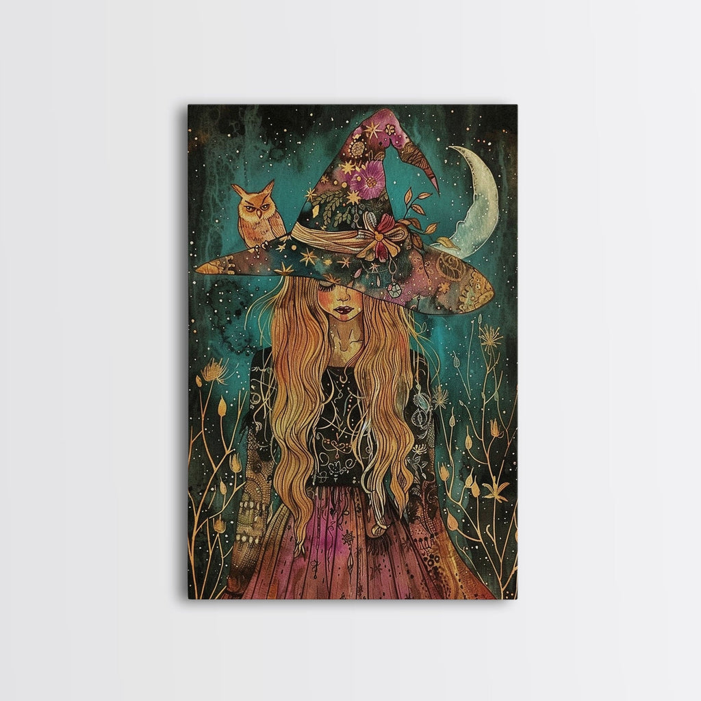 Witch with Black Cat and Moon - Halloween Art, Gothic Art, Spooky Decor, Dark Magic Art, Ominous Portrait, Moonlit Night Framed Canvas Print | | Wiccan Center
