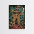 Witch with Black Cat and Moon - Halloween Art, Gothic Art, Spooky Decor, Dark Magic Art, Ominous Portrait, Moonlit Night Framed Canvas Print | | Wiccan Center