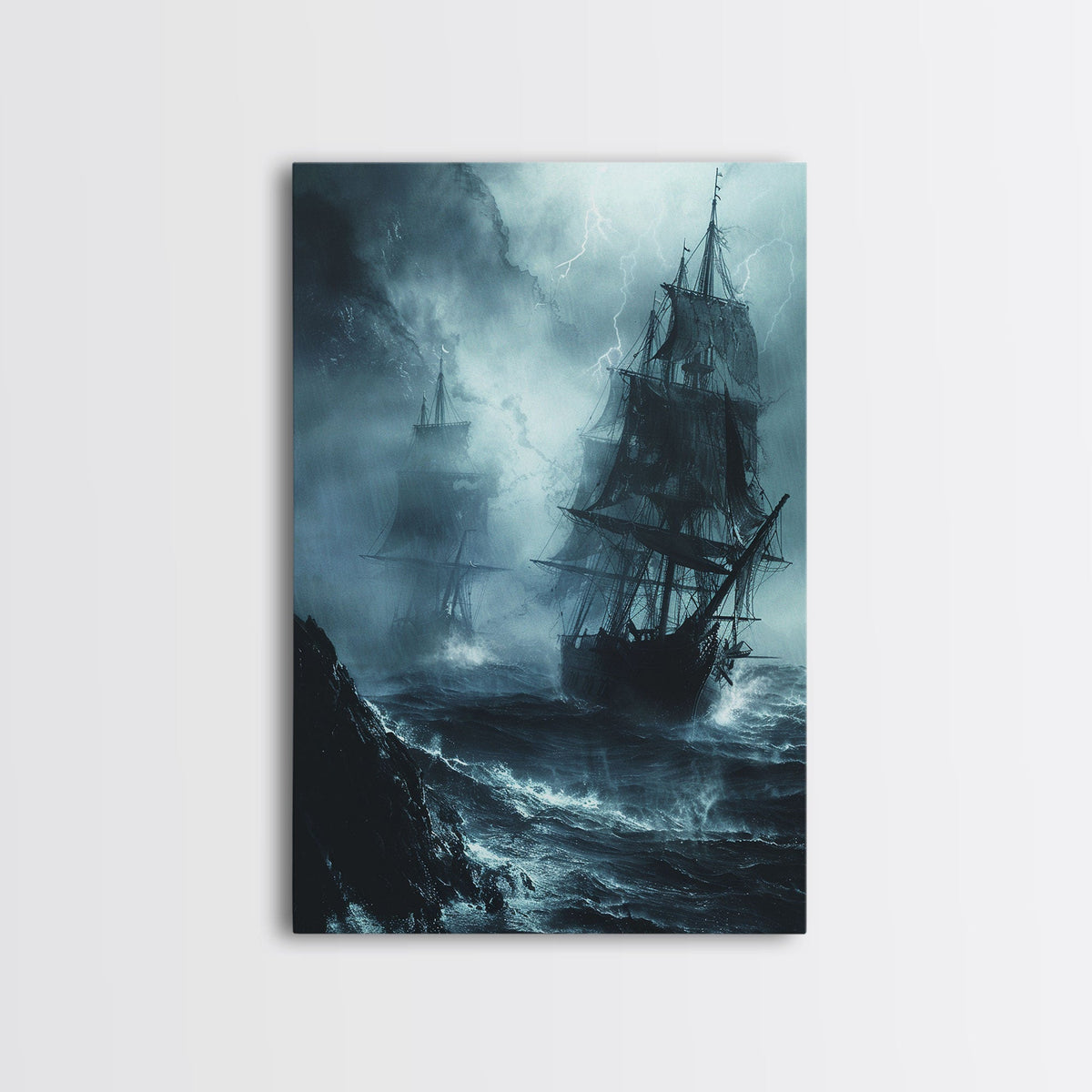 Ghost Ship in Storm Halloween Art, Spooky Maritime, Haunted Ocean, Creepy Seascape, Stormy Night, Framed Canvas Print