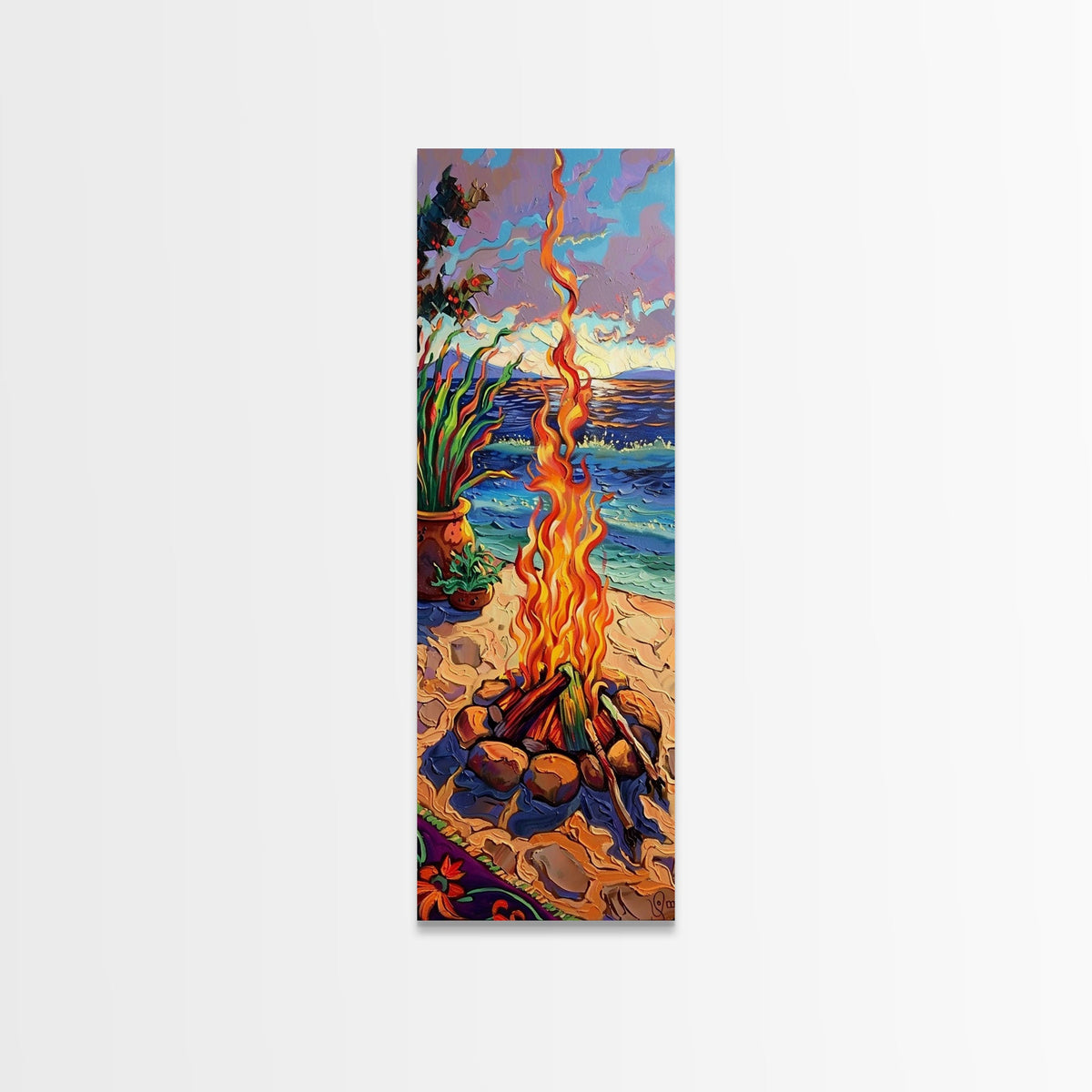 Abstract Canvas Painting of Campfire on Beach, Beachy Wall Art, Tall and Narrow Vertical Wall Art, Canvas Painting Printed and Framed | | Wiccan Center