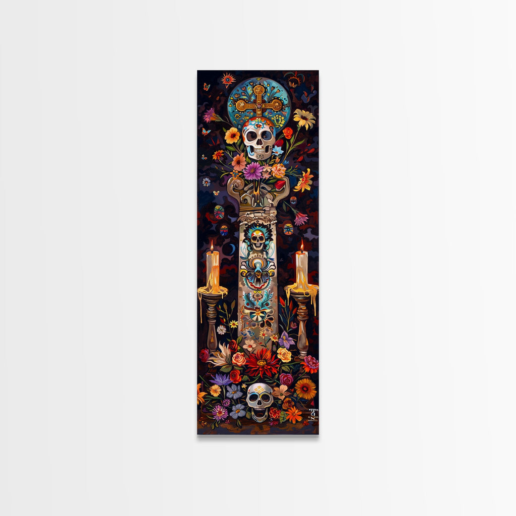 Dia De Los Muertos Sugar Skull Canvas Painting, Gothic Wall Art Print, Skinny Framed Canvas Art, Colorful Day of The Dead Poster Art