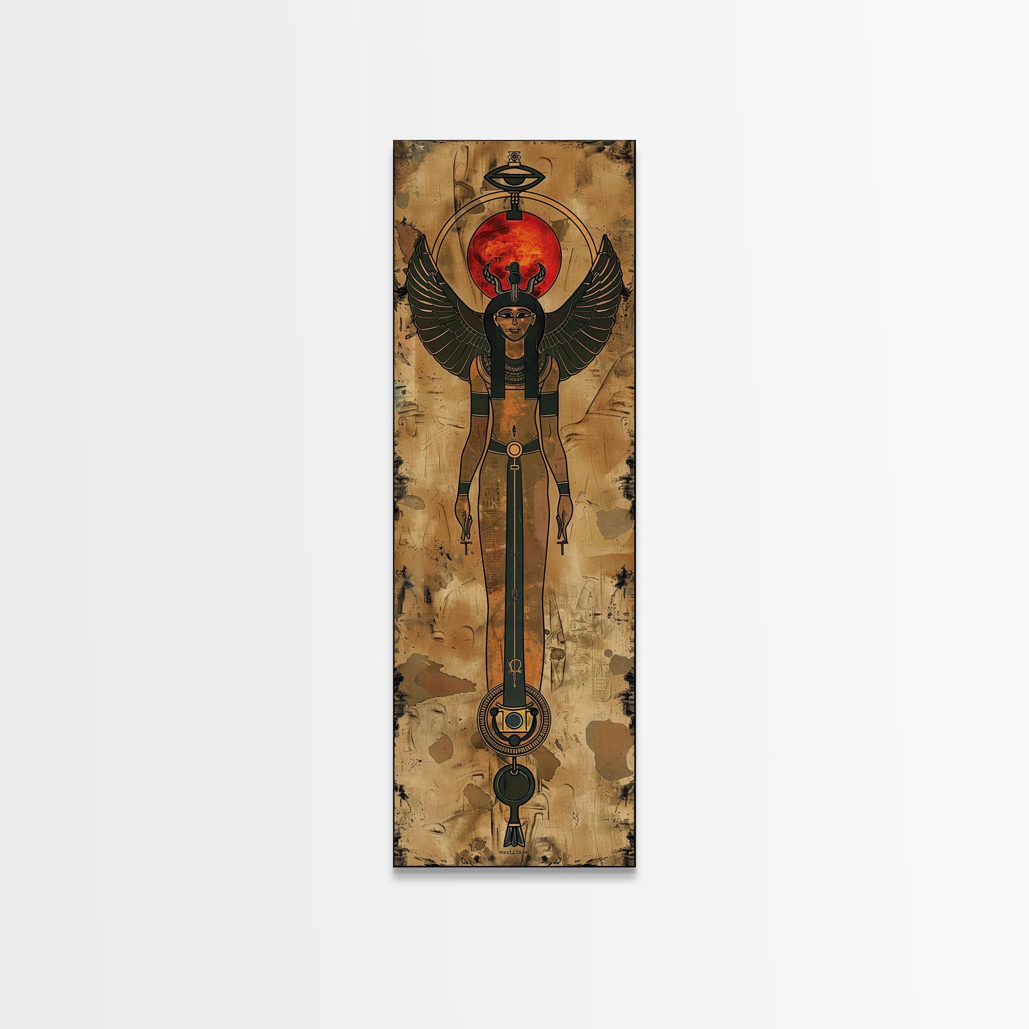 Egyptian Art Depiction of Goddess Isis - Framed Canvas Print, Midcentury Modern Wall Art, Skinny Art, Tall Art, Living Room Decor