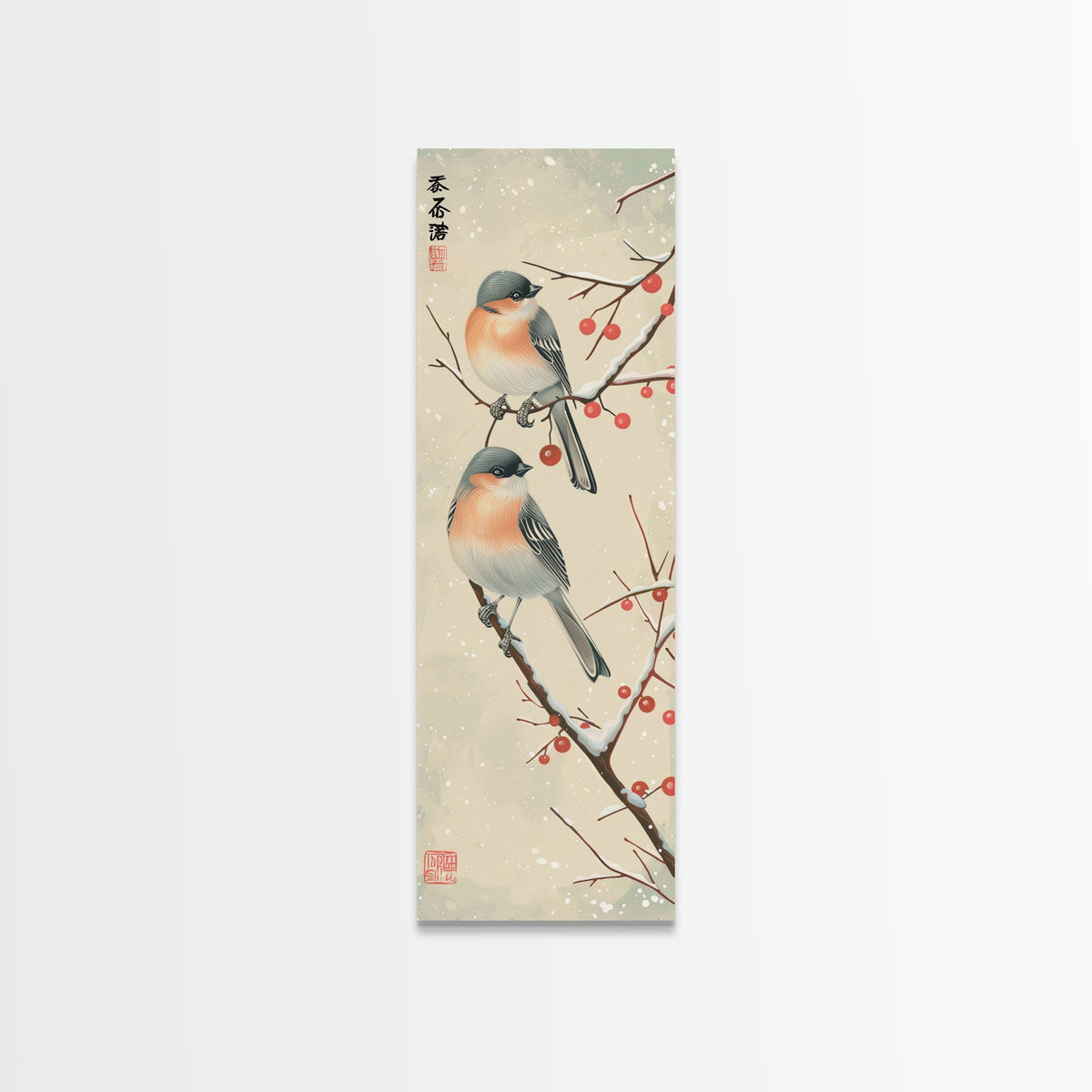 Pair of Birds on Snowy Branches, Japanese Art Framed Canvas Print, Tall and Skinny Wall Art in Ukiyo-e Style