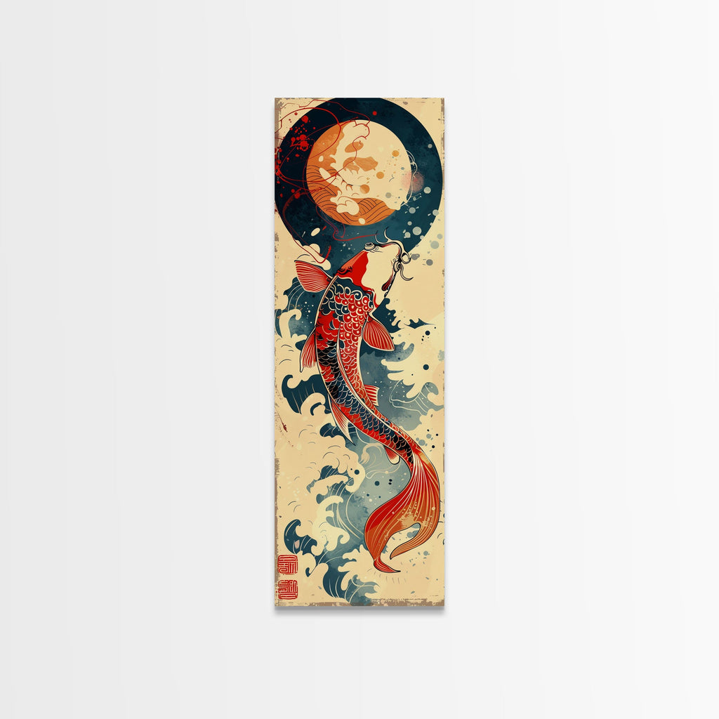 Vibrant Koi Fish Swimming Toward the Moon Skinny Art Ukiyo-e Tall Framed Canvas Print with Japanese Mythology Elements | | Wiccan Center