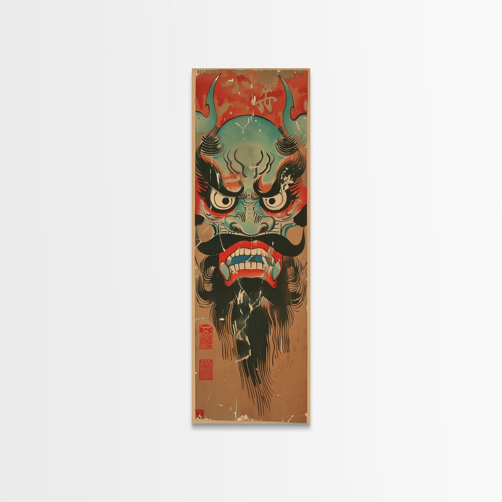 Traditional Japanese Demon Mask Art In Ukiyo-e Style Framed Canvas Print Tall Skinny Cultural Wood Block Wall Decor | | Wiccan Center