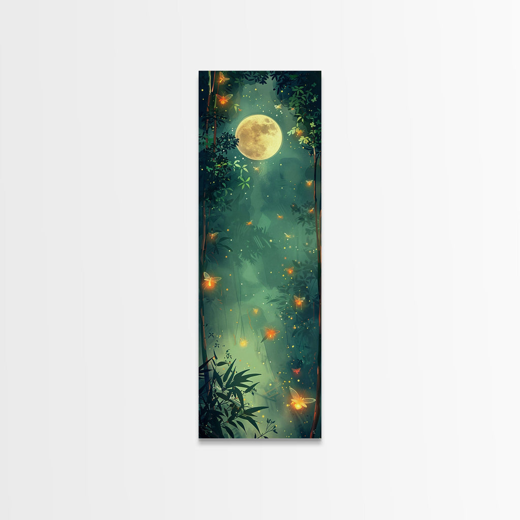 Enchanting Fireflies Illuminating Nighttime Forest Scene Under Full Moon Tall Framed Canvas Print Adding Magical Touch | | Wiccan Center