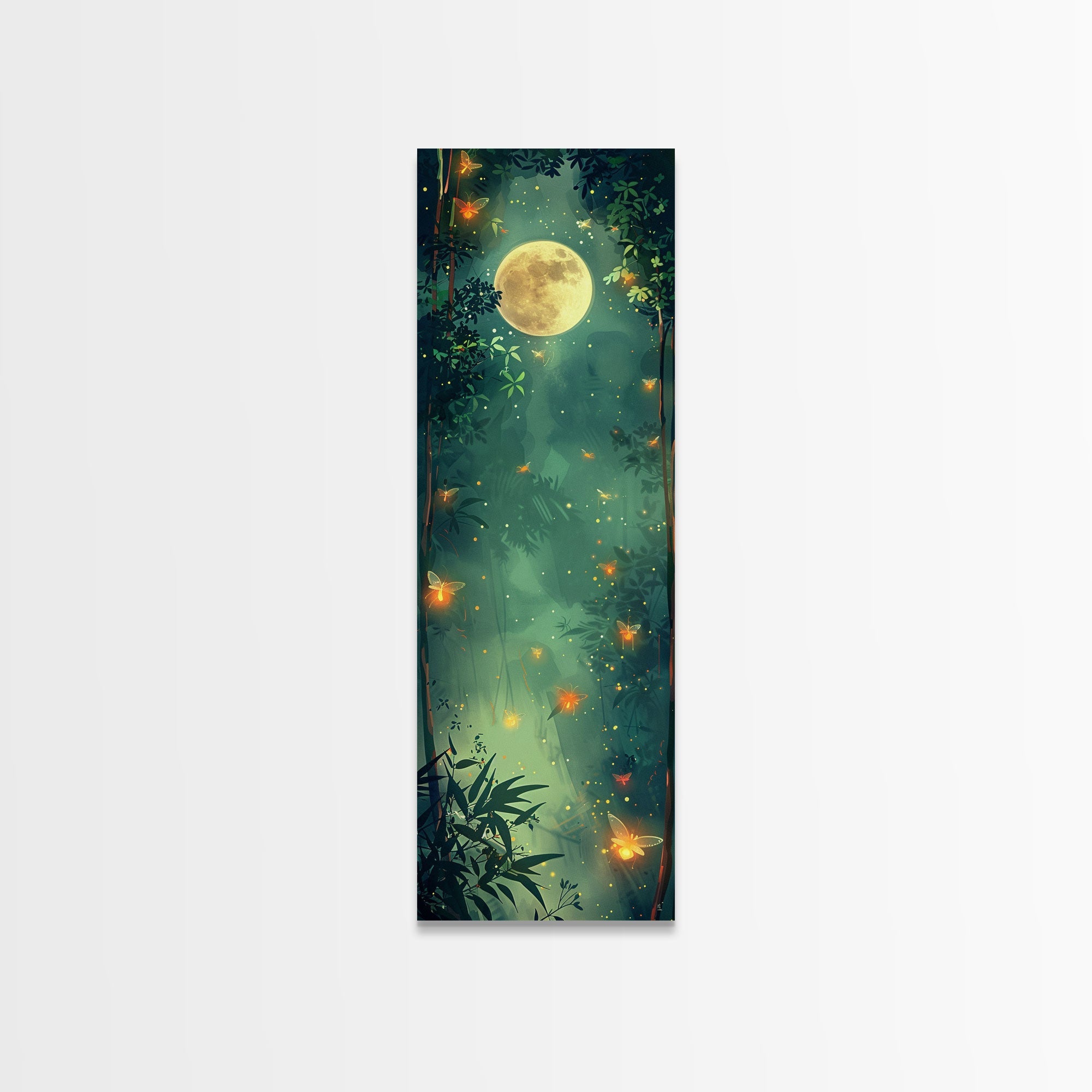 Enchanting Fireflies Illuminating Nighttime Forest Scene Under Full Moon Tall Framed Canvas Print Adding Magical Touch | | Wiccan Center
