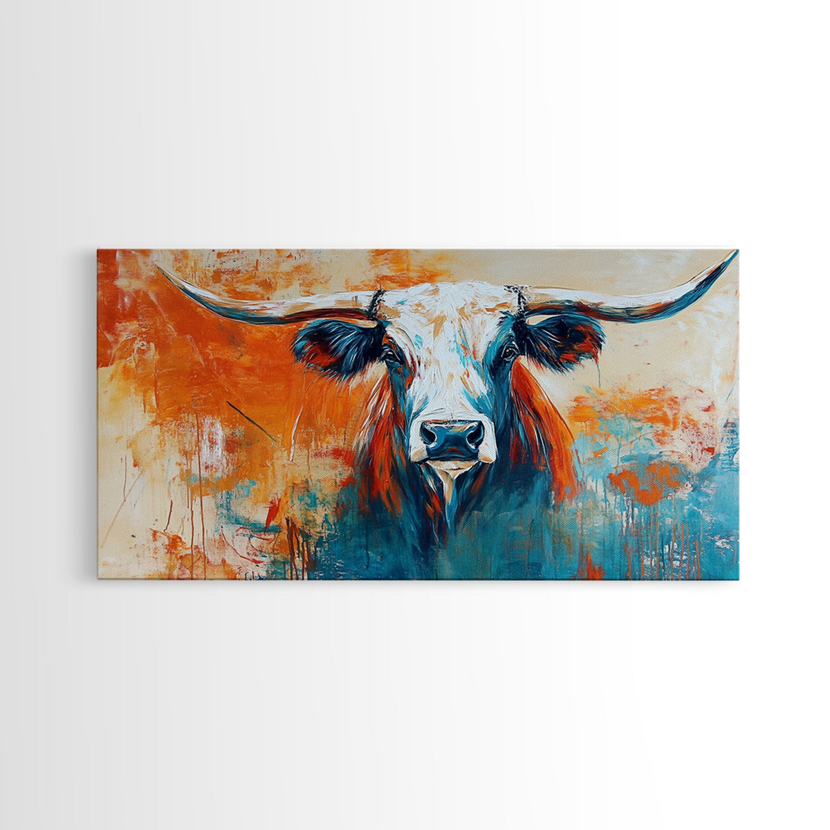 Longhorn Art, Rustic Decor, Farmhouse Art, Vintage Western Art, Southwest Wall Art, Animal Painting, Large Wall Art, Framed Canvas Print