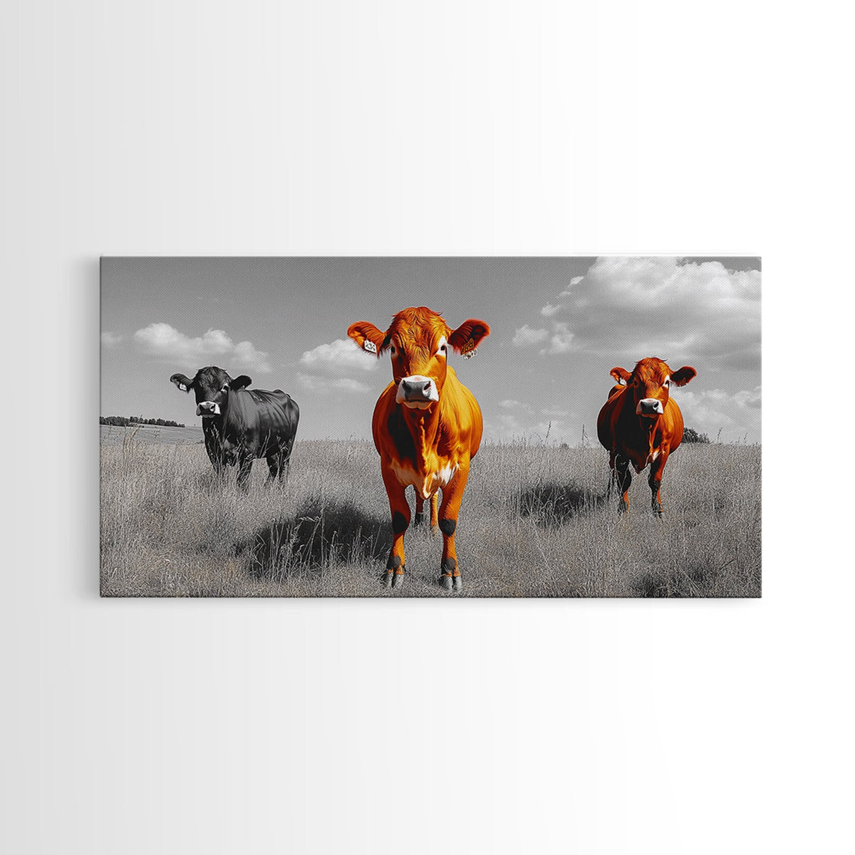 Highland Cows Canvas Print | Rustic Farmhouse Art | Black and White Cattle Painting | Moody Art | Above Sofa Wall Art | Extra Wide Art