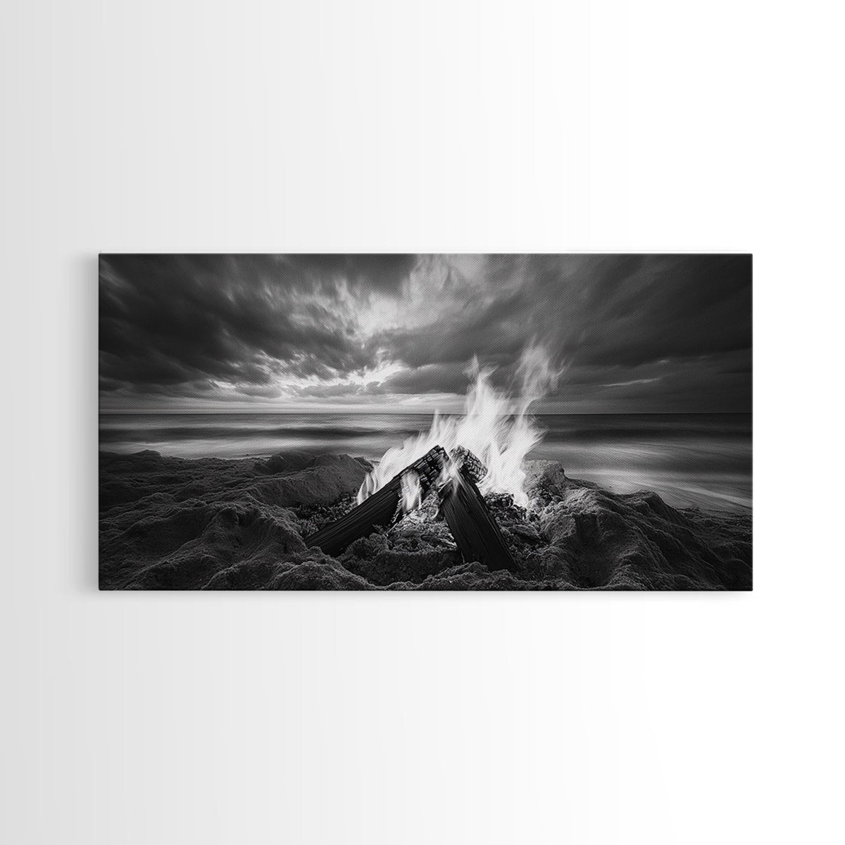 Beach bonfire, moody art, seascape painting, coastal decor, extra wide art, panoramic painting, above bed wall art, framed canvas print | | Wiccan Center