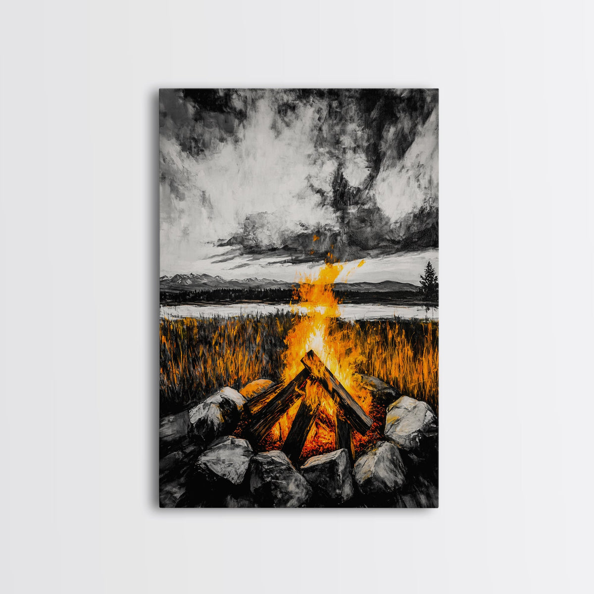 Campfire Painting, Moody Art, Rustic Wall Decor, Fire Pit Artwork, Black White Orange Art, Framed Canvas Print, Cabin Wall Art | | Wiccan Center