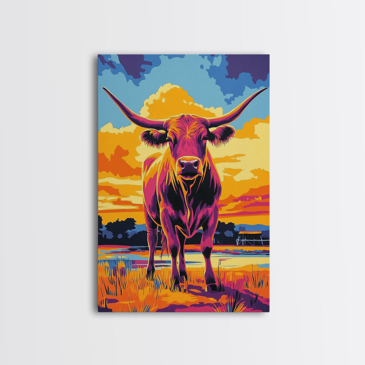 Sunset Longhorn, cowboy art, bull and bear art, southwest wall art, rustic art, pink orange wall art, vintage horse art, Canvas Print