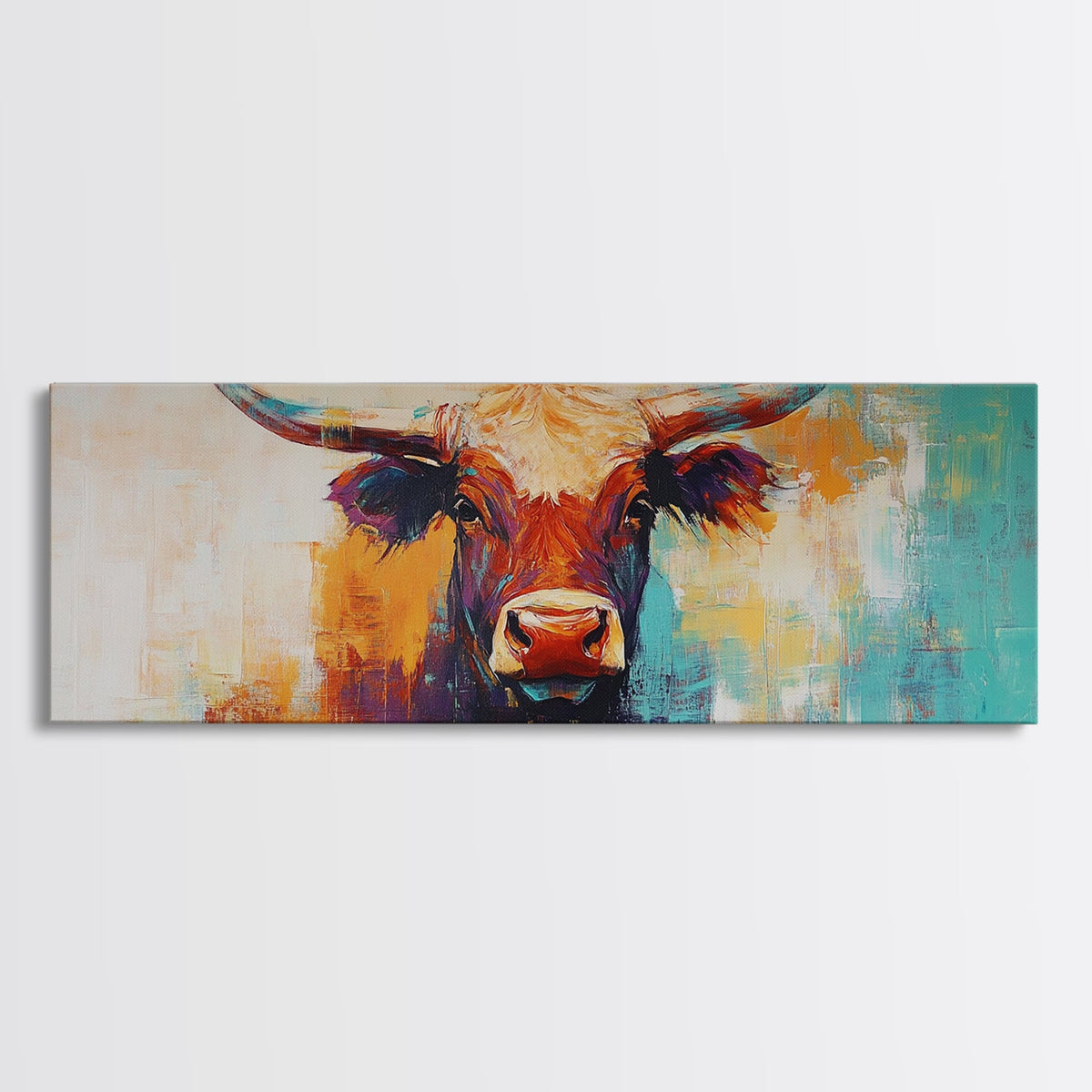 Western Bull, rustic art, vintage cow painting, farm animal wall art, cowboy decor, moody wall art, extra wide canvas print