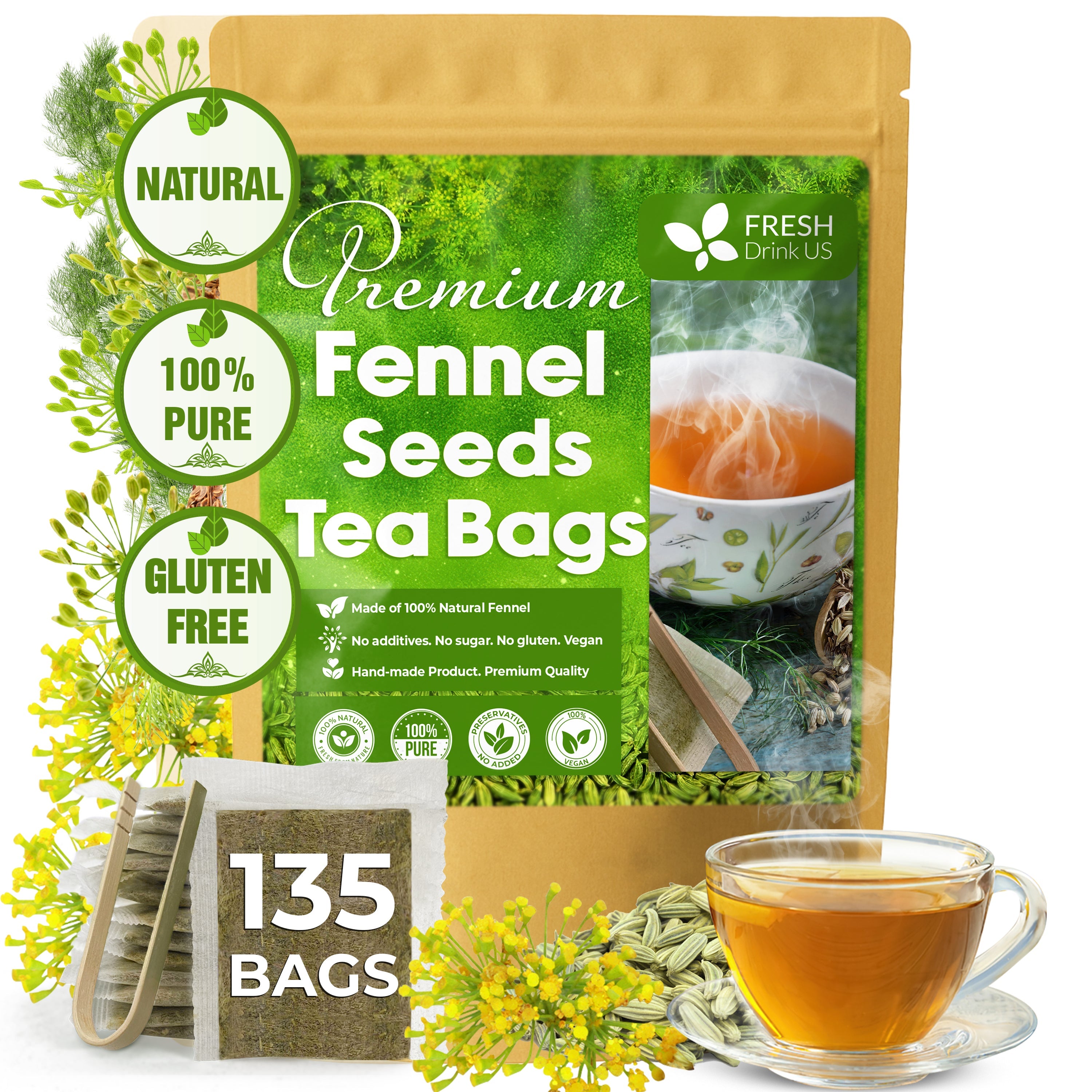 Premium Fennel Tea Bags, 100% Natural & Pure from Fennel Seeds. Fennel Seed Herbal Tea. Fennel Seed Tea. Made with Natural Material Tea Bags. No Sugar, No Caffeine, No Gluten, Vegan. | Tea | Wiccan Center