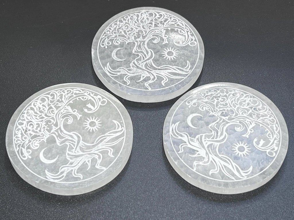 Selenite Crystal Tree Of Life Round Circle Plate (4 Inch) Gemstone Decor Supply | Home & Living > Home Decor > Home Accents > Rocks & Geodes | Wiccan Center