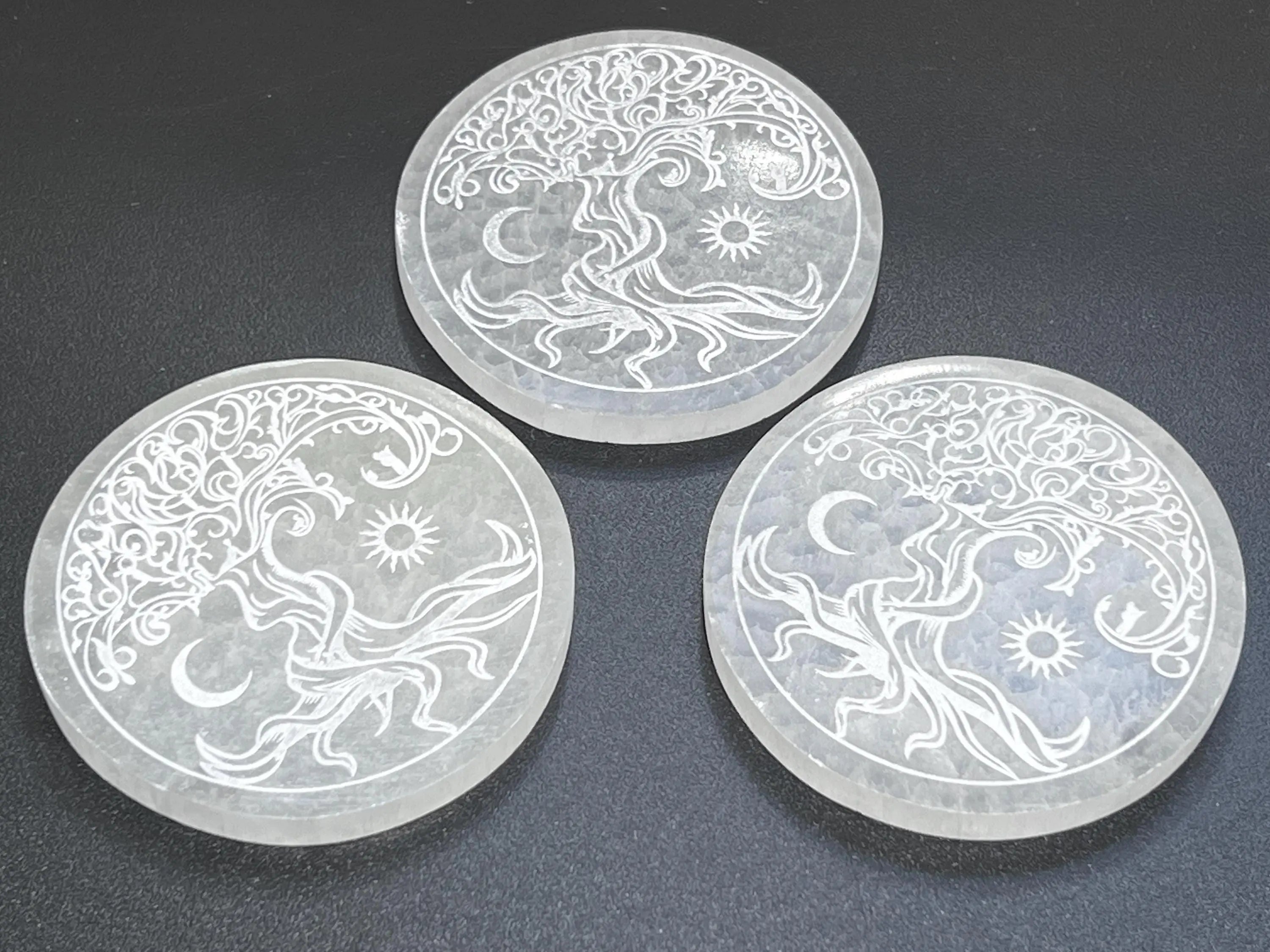 Selenite Crystal Tree Of Life Round Circle Plate (4 Inch) Gemstone Decor Supply | Home & Living > Home Decor > Home Accents > Rocks & Geodes | Wiccan Center