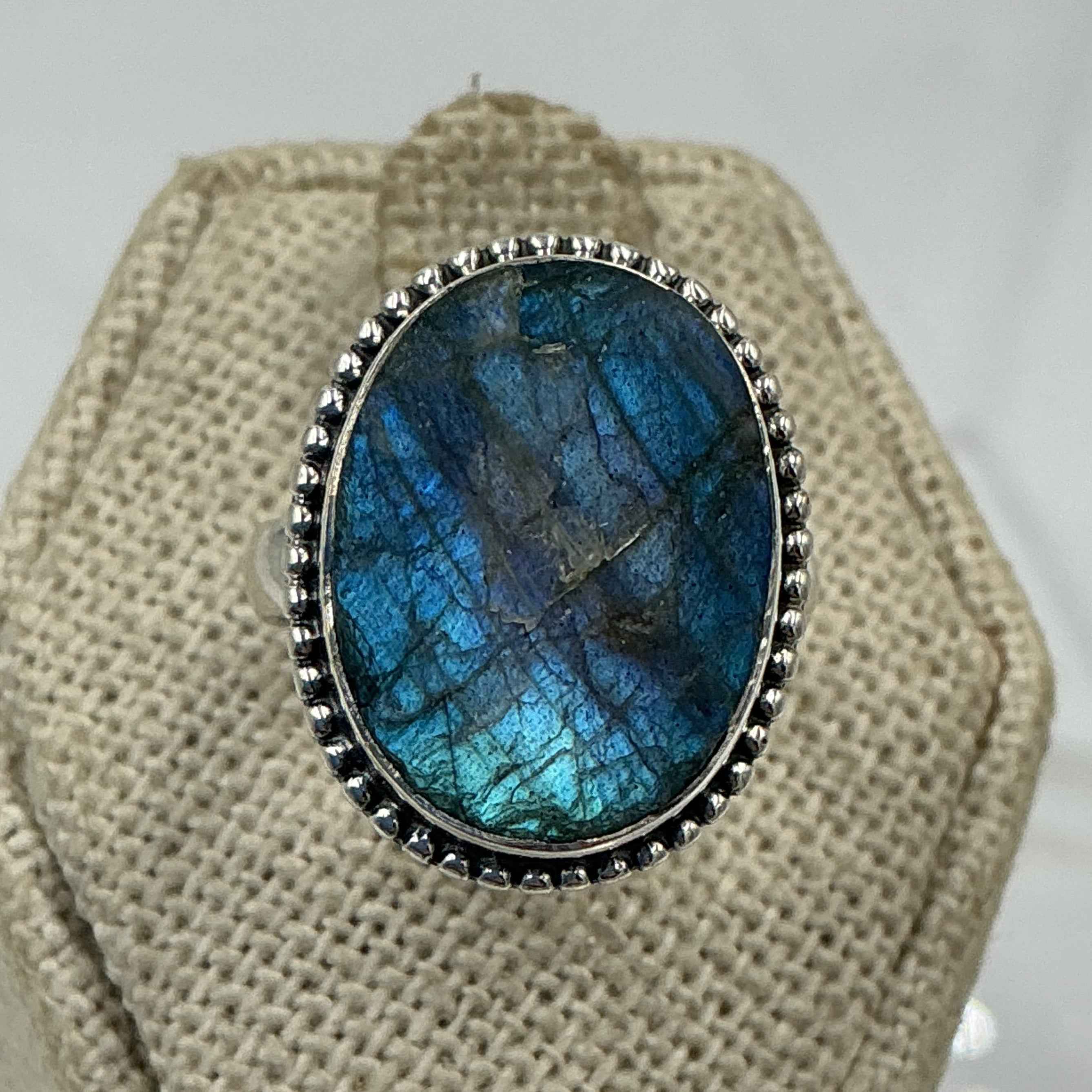 Sterling Silver Rough Bezeled Oval Labradorite Ring - Size 6 - Intuition, Protection & Transformation | Rings | Wiccan Center
