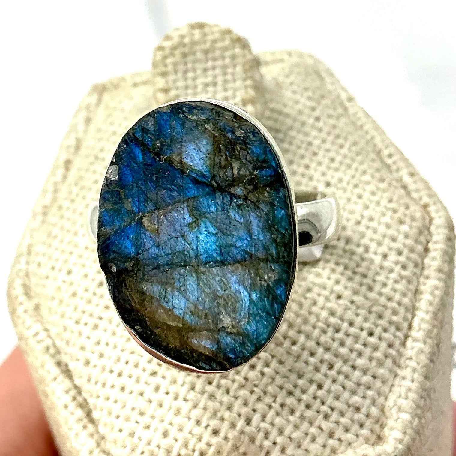 Sterling Silver Rough Oval Labradorite Ring - Size 8 - Intuition, Protection & Transformation | Rings | Wiccan Center