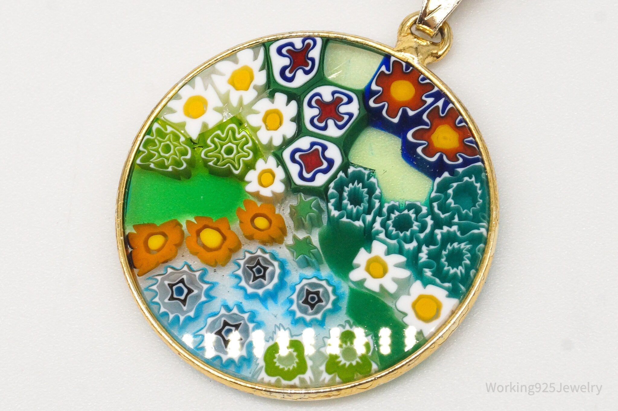 Vintage Glass Murano Millefiori Flowers Gold Vermeil Sterling Silver Necklace | Jewelry > Necklaces > Pendants | Wiccan Center