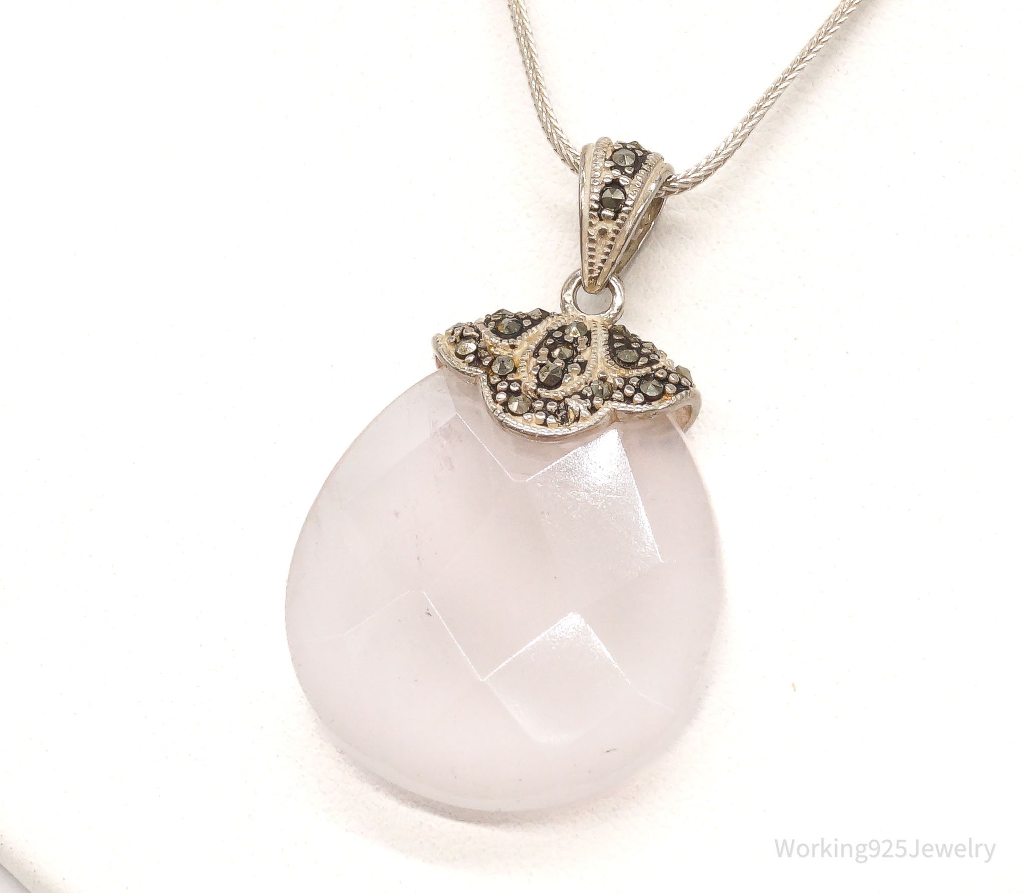 Vintage Large Rose Quartz Marcasite Sterling Silver Necklace | Jewelry > Necklaces > Pendants | Wiccan Center