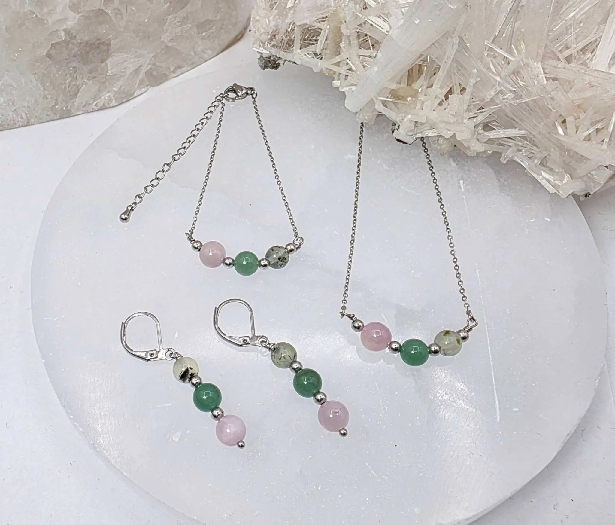 LEAD WITH LOVE-Kunzite, Green Aventurine, Prehnite Jewelry Set | Jewelry Set | Wiccan Center