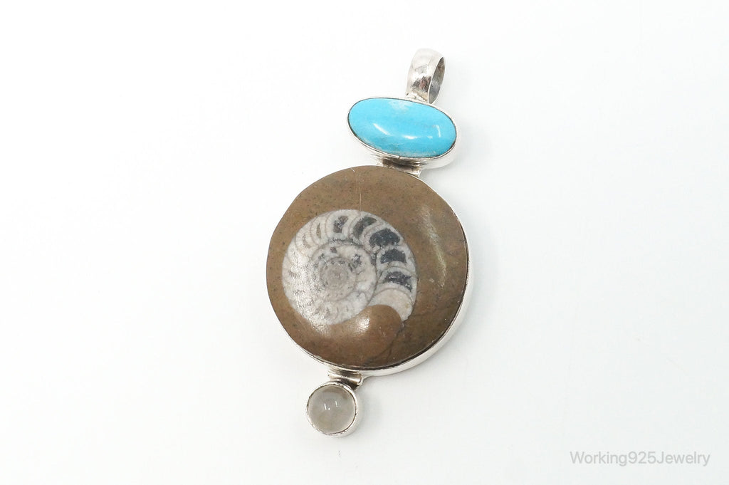 Vintage Large Fossil Shell Turquoise Gray Moonstone Sterling Silver Pendant | Jewelry > Necklaces > Pendants | Wiccan Center