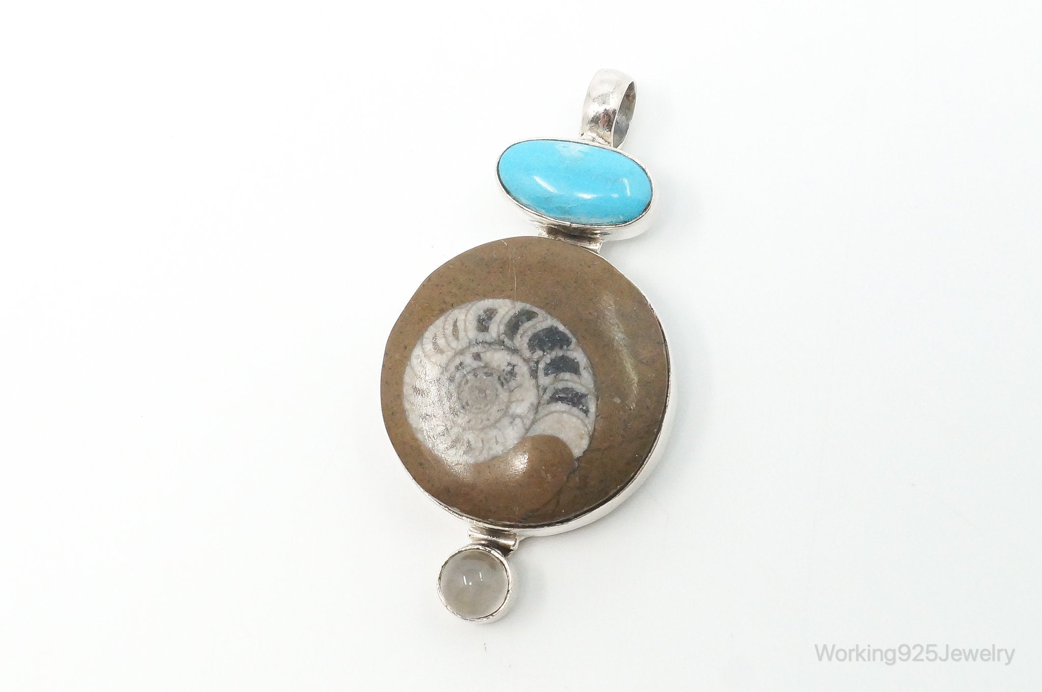 Vintage Large Fossil Shell Turquoise Gray Moonstone Sterling Silver Pendant | Jewelry > Necklaces > Pendants | Wiccan Center