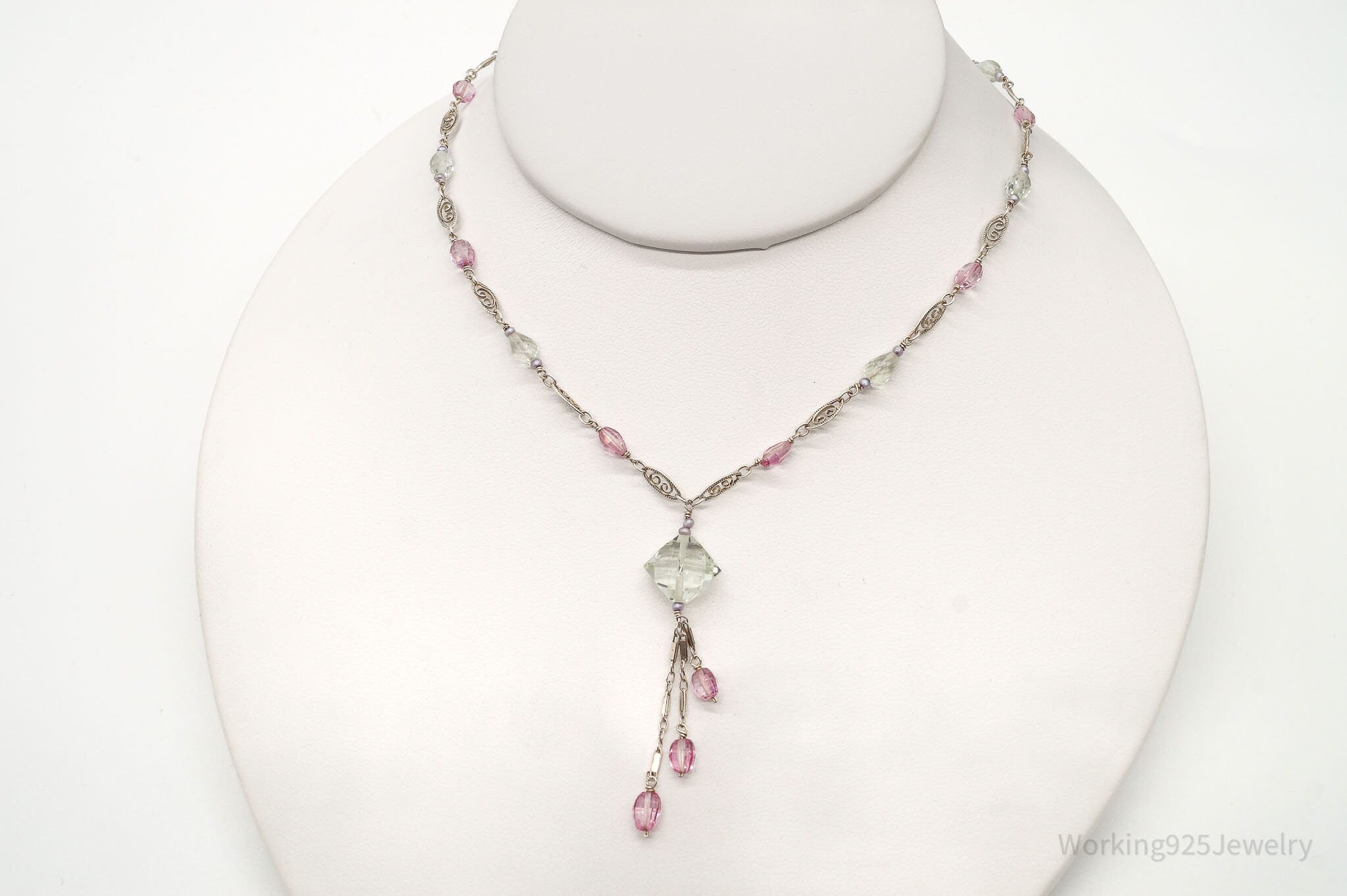 Vintage Prasiolite Pink Topaz Seed Pearls Sterling Silver Necklace | Jewelry > Necklaces > Pendants | Wiccan Center