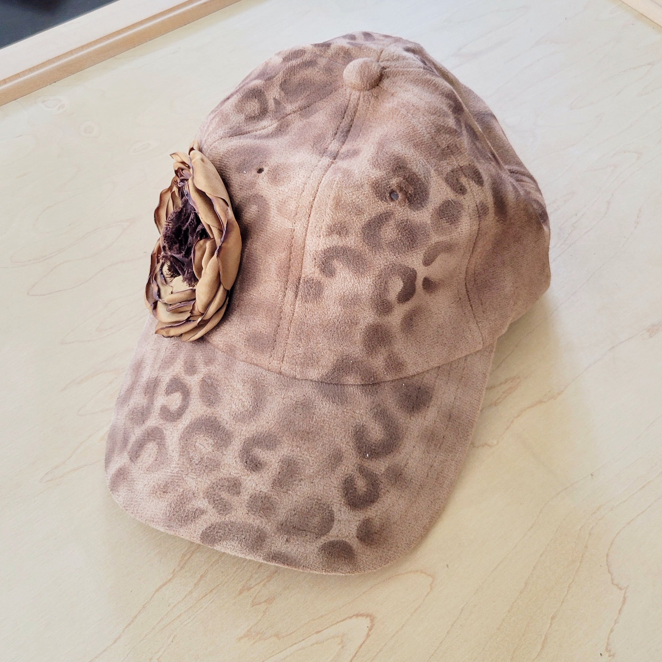Hand-Painted Leopard Suede Baseball Cap w/ Flowers Tan 986L | Hat | Wiccan Center