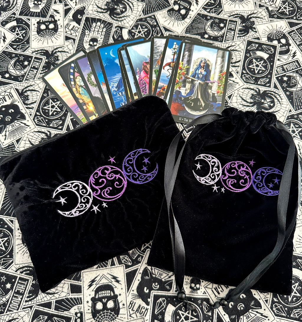 Triple Moon Black Velvet Embroidered Tarot Card Bag With Satin Lining