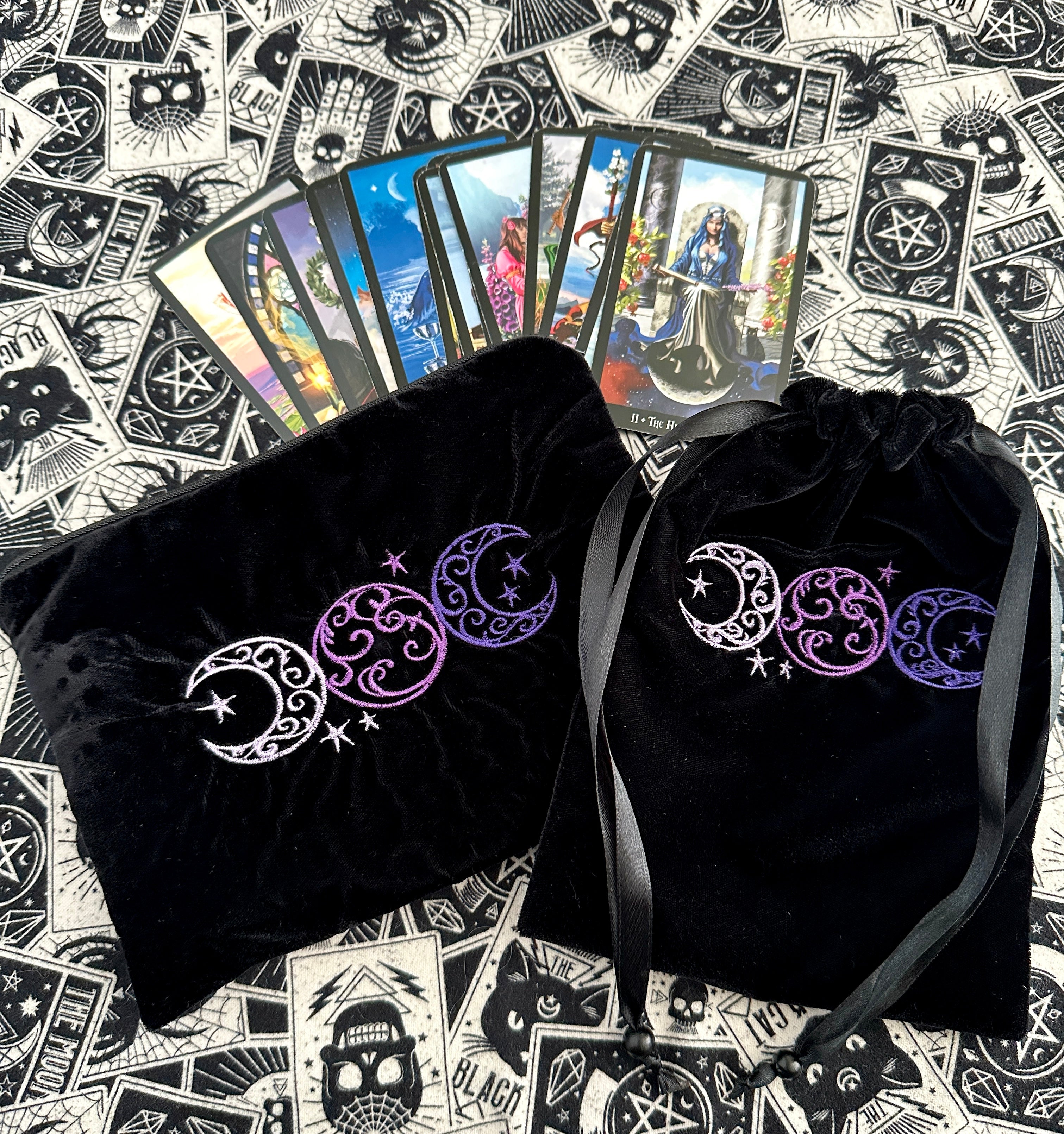 Triple Moon Black Velvet Embroidered Tarot Card Bag With Satin Lining