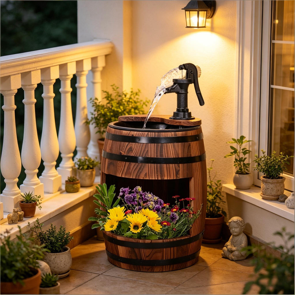 Wood and Iron Barrel Pump Fountain Planter 23 Inch | Outdoor Fountain | Wiccan Center