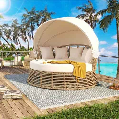 Outdoor Patio Rattan Round Daybed with Retractable Canopy, Wicker | Furniture | Wiccan Center