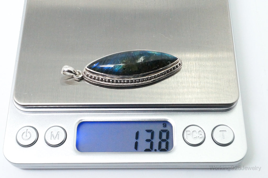 Vintage Long Large Labradorite Sterling Silver Necklace Pendant | Jewelry > Necklaces > Pendants | Wiccan Center