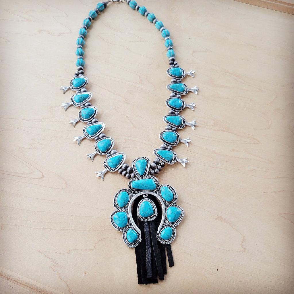 Turquoise Squash Blossom Necklace w/ Short Black Tassel 261y