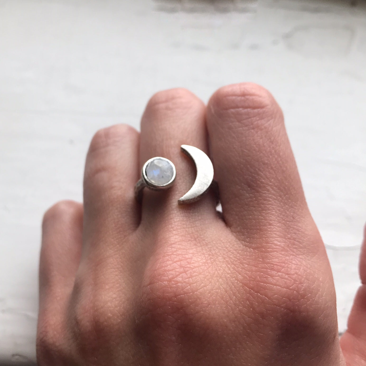 Moon Goddess Ring - Crescent Moon with Rainbow Moonstone | Ring | Wiccan Center