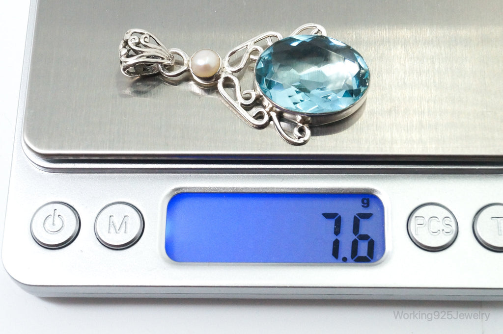 Vintage Art Deco Large Blue Topaz Pearl Sterling Silver Pendant | Jewelry > Necklaces > Pendants | Wiccan Center